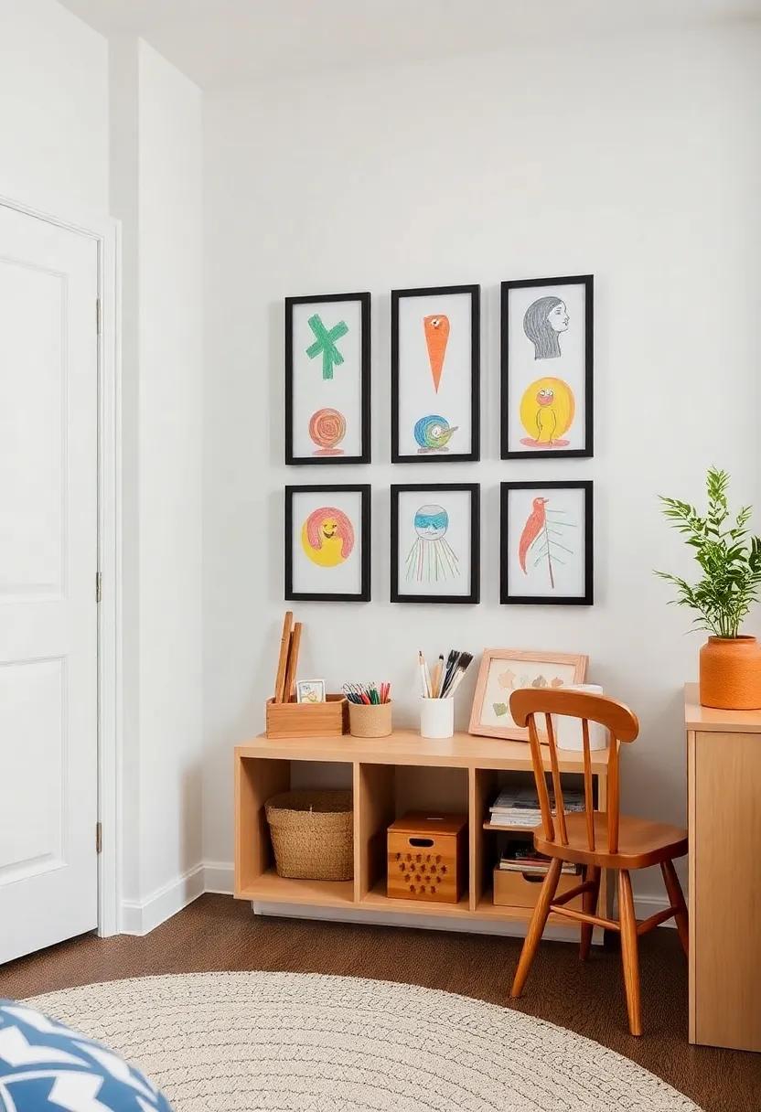 The Art Gallery Corner:‌ Utilizing a small wall to display children’s artwork framed in a grid, with integrated shelving underneath for ‌art supplies