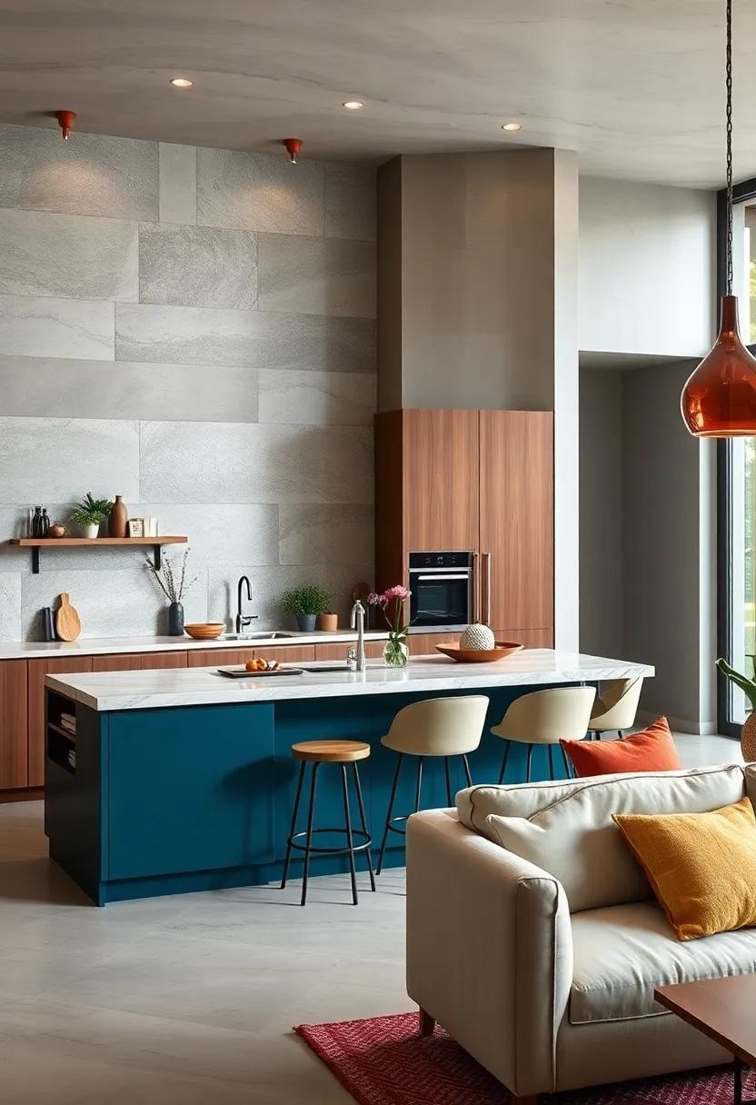 A distinguished island ⁢with a‌ pop of color​ serves as both‌ an artistic ‌centerpiece and a⁢ functional area for food⁣ prep ‍and⁣ casual dining