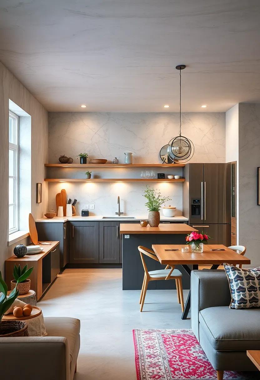 Embracing the charm of small spaces, this contemporary kitchen ​features ​a compact⁢ island ⁣with a⁢ fold-down table​ that expands for⁤ guests