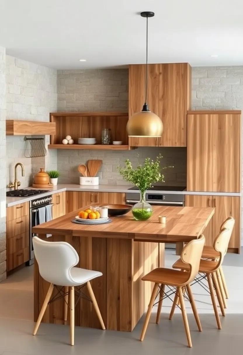 A farmhouse flair ‌meets ⁣modern design in this​ small kitchen featuring a rustic wooden island that doubles as a dining ⁤space, perfect⁢ for family gatherings
