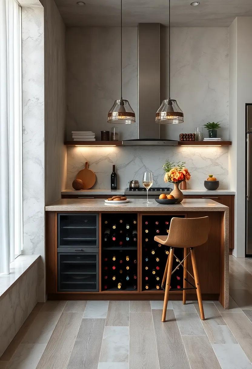 This stylish‍ kitchen‌ combines a ​wine⁣ rack and ‍breakfast ⁣bar ⁢in its island, ​making it ⁢an⁢ ideal ‌spot for wine enthusiasts to indulge in ​their passion