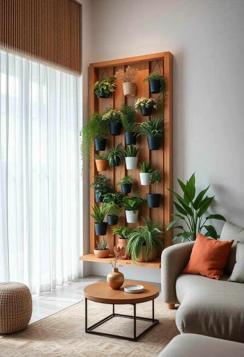 Admire a bespoke vertical garden‍ made from repurposed‌ materials,showcasing creativity while maximizing ​the use‍ of limited ​living room space