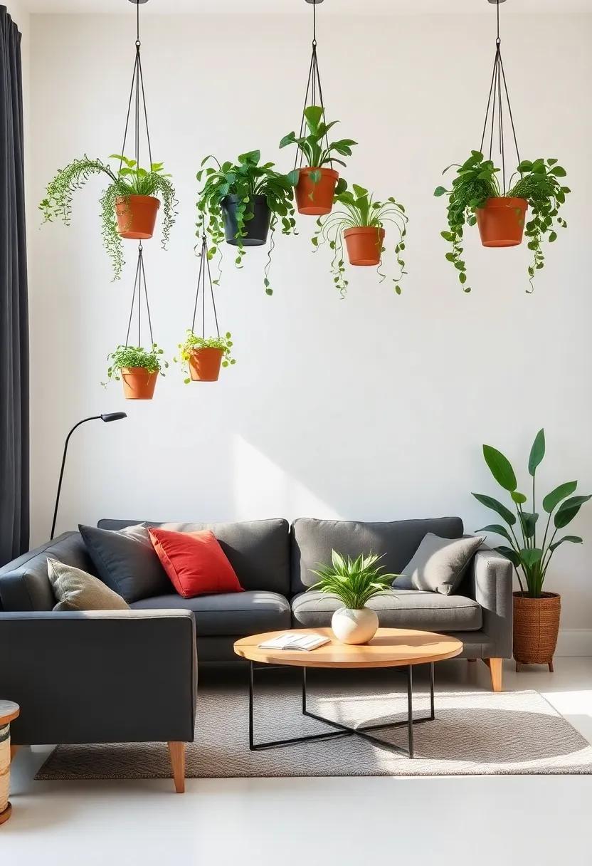 Revel‌ in the charm⁢ of a small ⁢living room where hanging ‍planters⁣ create a whimsical overhead garden, inviting the ‍outdoors‍ in