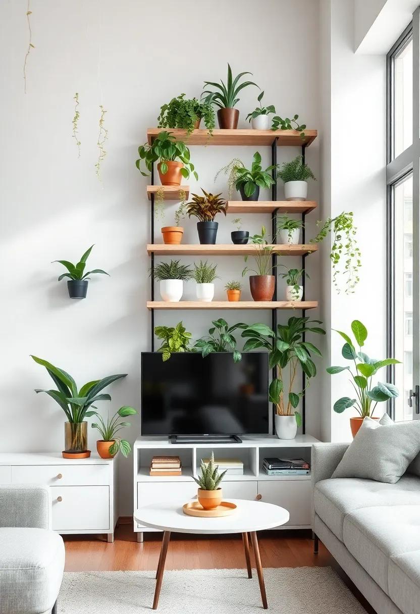 Marvel ⁤at a clever use of shelves ‍that not ⁣only⁤ serve as a storage ⁢solution ‍but also​ support an impressive collection of ‌plants in a compact living​ room