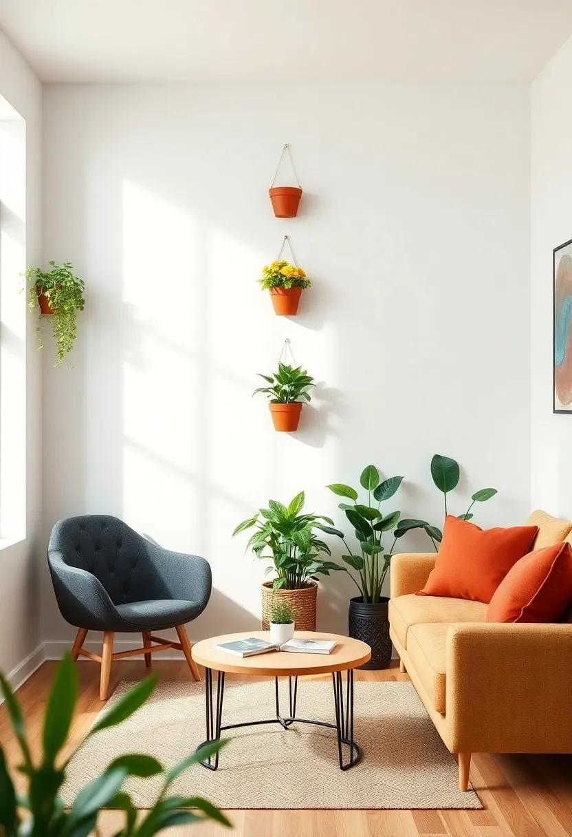 Witness the transformation⁣ of a ⁢compact area with vertical wall-mounted planters ⁢that add a pop of color and⁤ life, bringing ⁢joy to⁤ small⁢ living ⁤rooms
