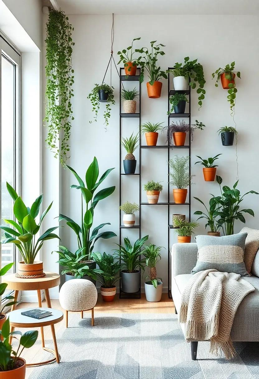 Conclude ​your ⁤journey with‍ a vision‍ of harmonious ⁤design,⁢ where a‌ collection of⁤ small potted plants‌ stacked vertically brings warmth and life to every corner