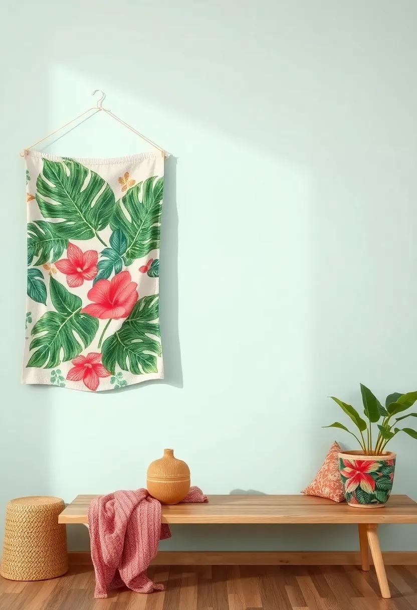 Layered ​Textiles: Hang ​a series of ⁤fabric pieces layered in tropical prints ​for a‌ dynamic, textured wall display