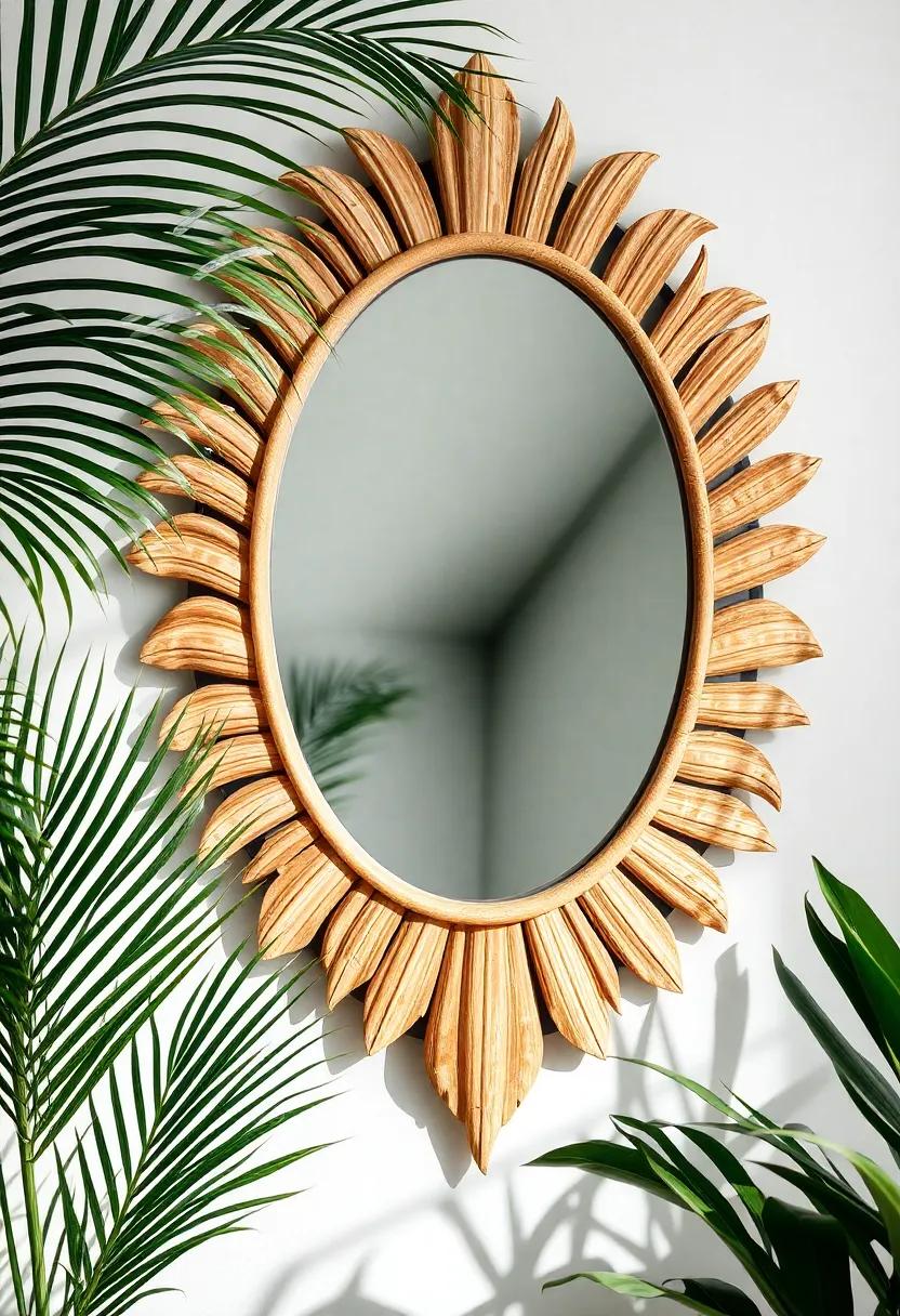Tropical‍ themed mirrors: Choose mirrors with frames⁢ made‍ of natural​ materials, crafted in the shape of palm ‍leaves or shells