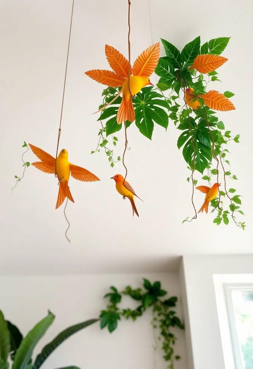 Tropical Ceiling Décor: ‍Take‍ your ‍decor upwards with hanging installations ​of decorative birds and vines for​ an‍ immersive environment