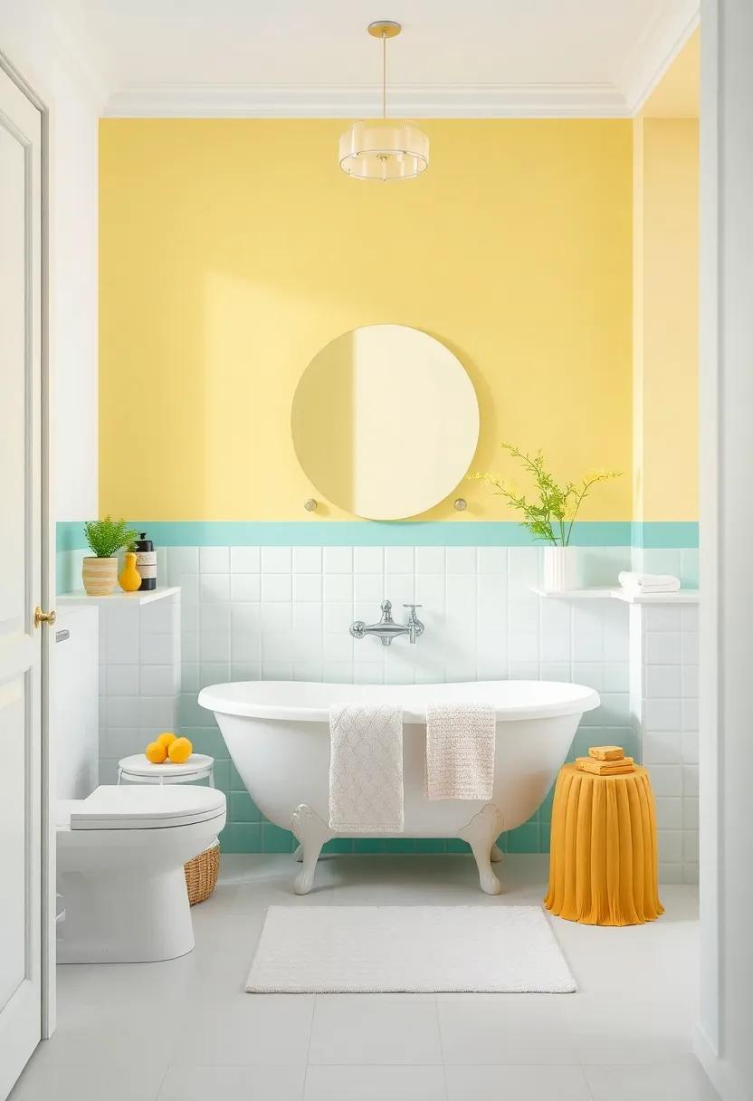Refreshing Lemon Yellow and Cool Mint with White Elements: Amplify brightness in your bathroom with lemon yellow ​and cool mint tones, combined⁤ with‍ white details for a fresh and breezy atmosphere