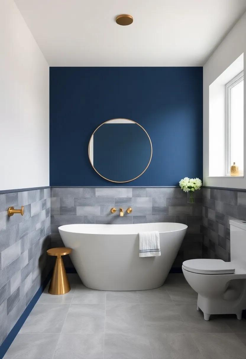 bold Navy Blue and Soft ​Gray with golden Highlights: Embrace elegance by pairing deep navy​ blue walls​ with soft ​gray tiles, while⁢ luxurious gold accents offer a touch ‍of ​glam and sophistication