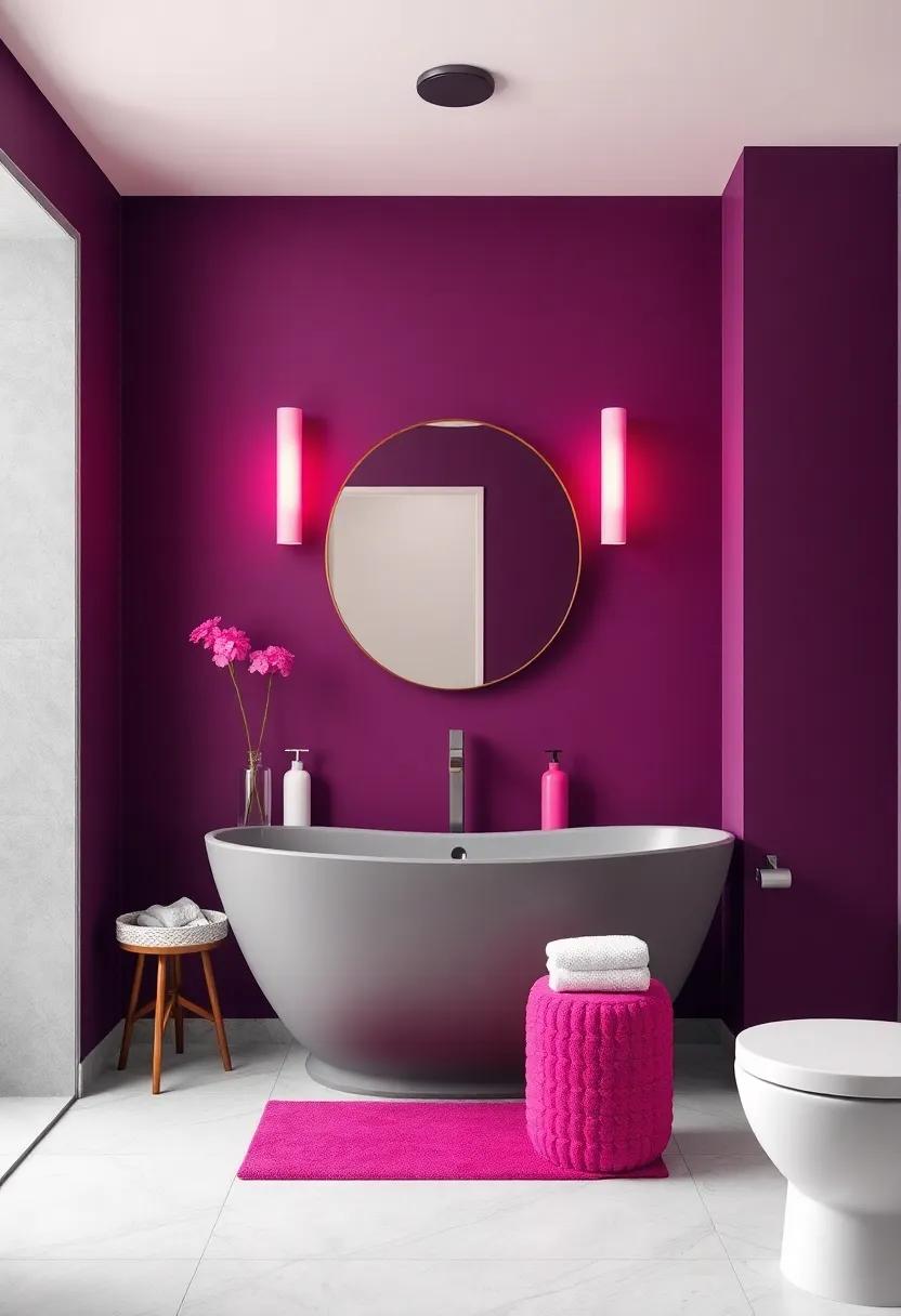 Charismatic Plum ⁢and⁢ Light Gray with Bright Pink​ Accents: Infuse your bathroom with a sense of luxury through⁣ rich plum walls, paired with versatile light gray, and playful⁤ bright​ pink accents that energize the⁣ environment