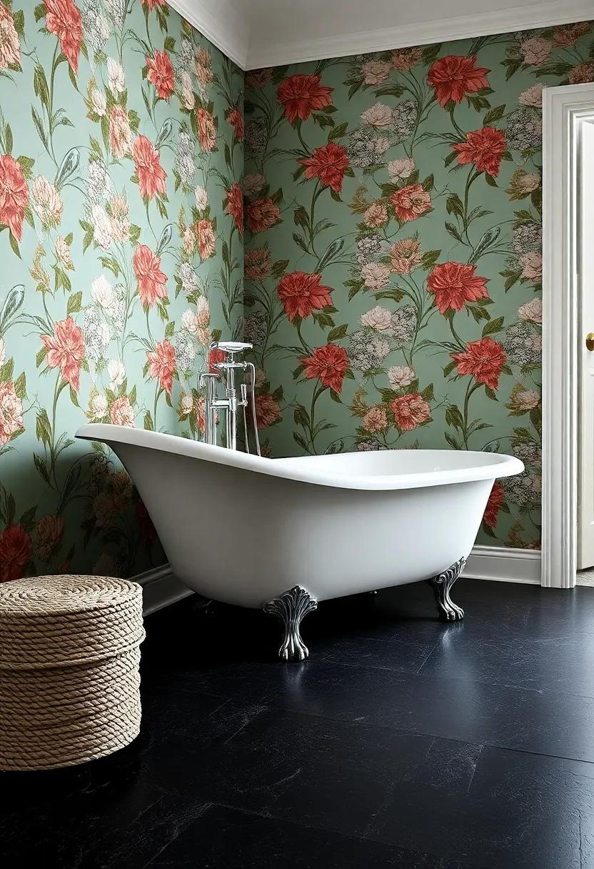 Embrace‍ the charm of the ⁤past⁣ with ⁣a⁤ classic white clawfoot tub set against bold, retro wallpaper, creating a ‍dramatic focal point in your⁣ vintage⁢ bathroom