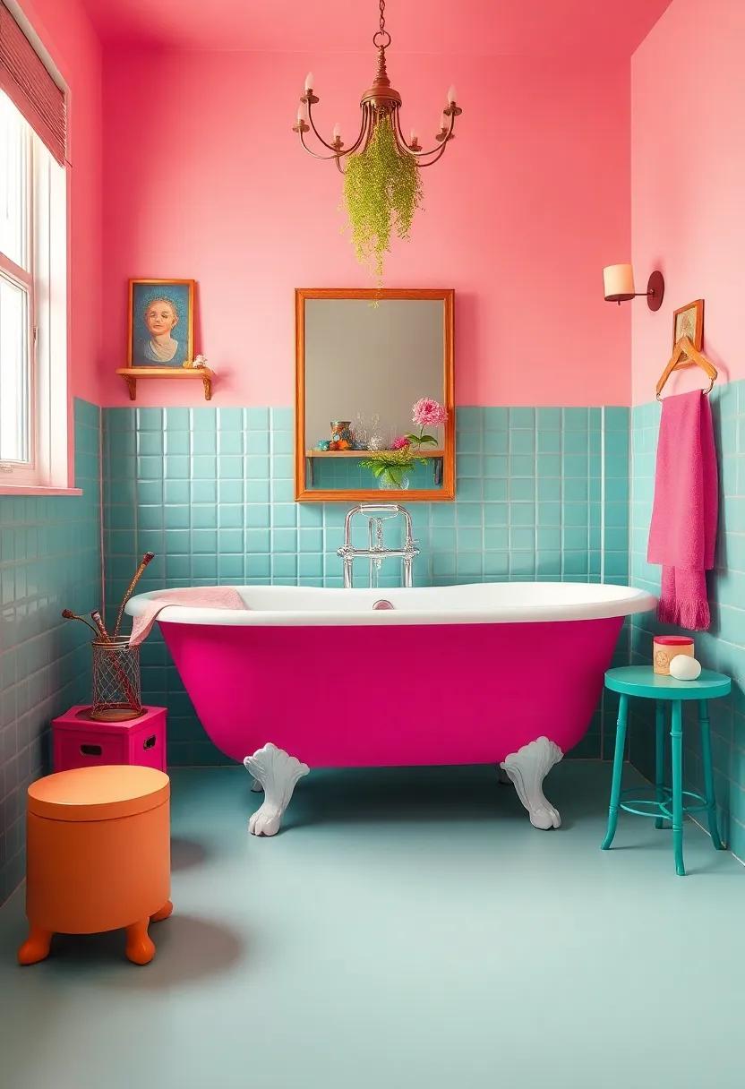 Showcasing a vibrant fusion⁢ of colors, this bathroom features⁣ a bright pink clawfoot ​tub surrounded by playful decor that reflects personal style