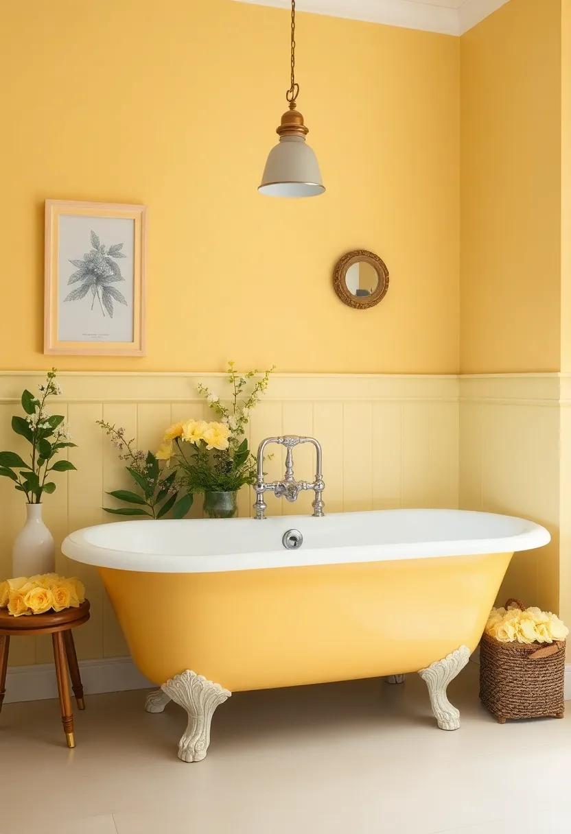Transform ⁣your space with a​ cheerful yellow clawfoot tub​ surrounded by vintage floral decor that radiates warmth and character