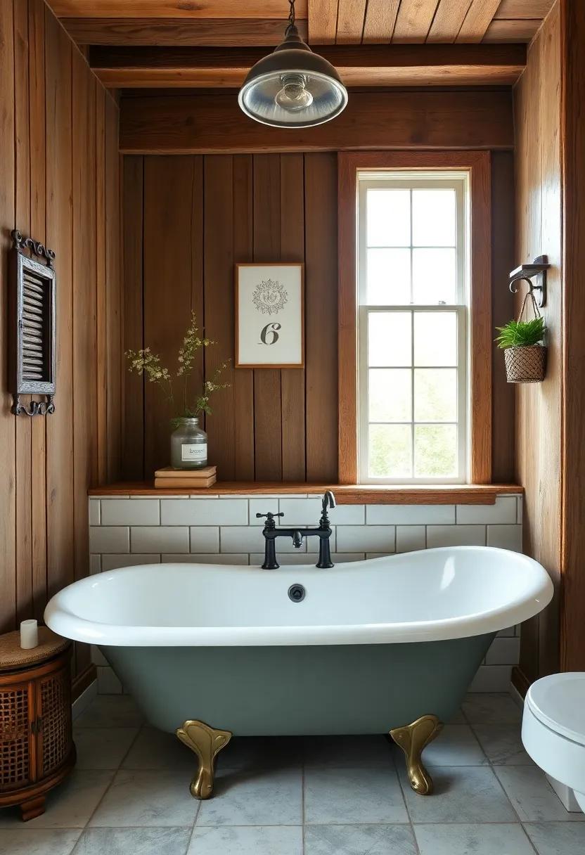 Rustic ⁢meets elegant in this vintage-inspired bathroom featuring reclaimed wood accents, ⁢a painted‍ clawfoot tub, and ​antique​ fixtures that tell a story