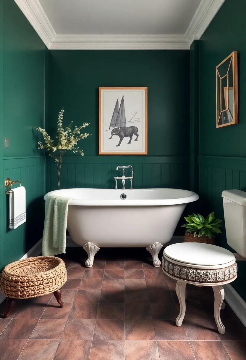 Cozy up in a vintage bathroom adorned with deep green walls and a classic⁣ ivory tub​ that invites relaxation and echoes nature's tranquility