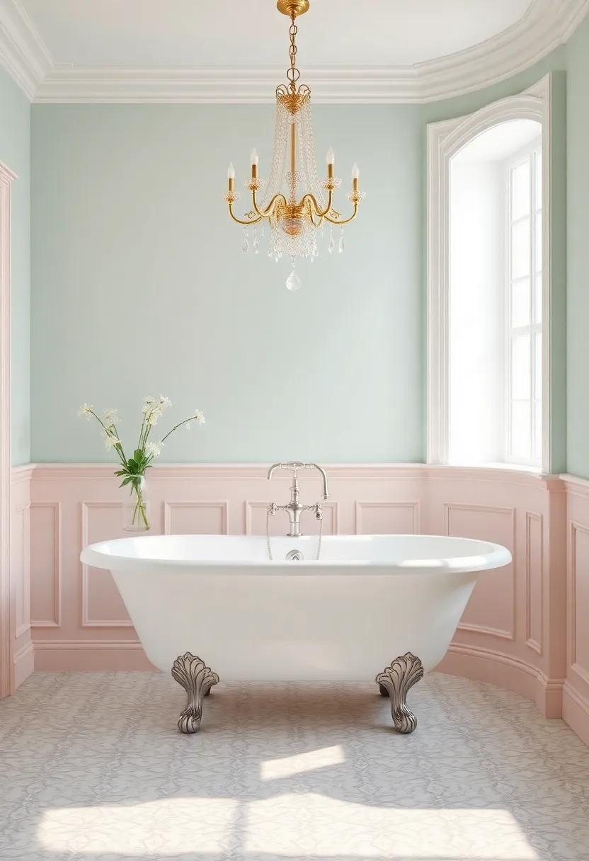 Experience luxury in a ⁤serene ‌space filled with ​soft ‍pastel colors, a delicate chandelier, and a⁤ freestanding clawfoot tub for⁢ a bath filled​ with nostalgia