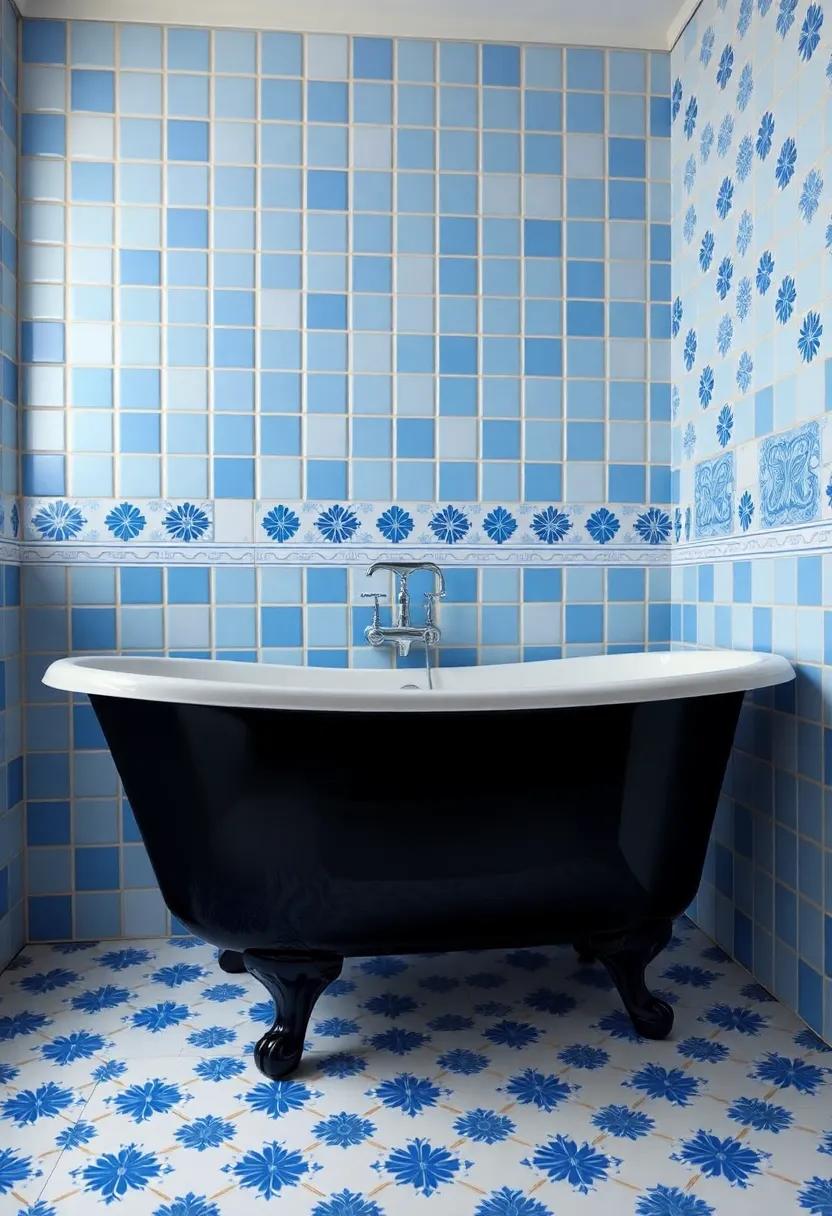 A vibrant display ‍of blue and white ⁣tiles enhances the beauty of a glossy black clawfoot tub, making this bathroom​ a stunning blend of color⁢ and style