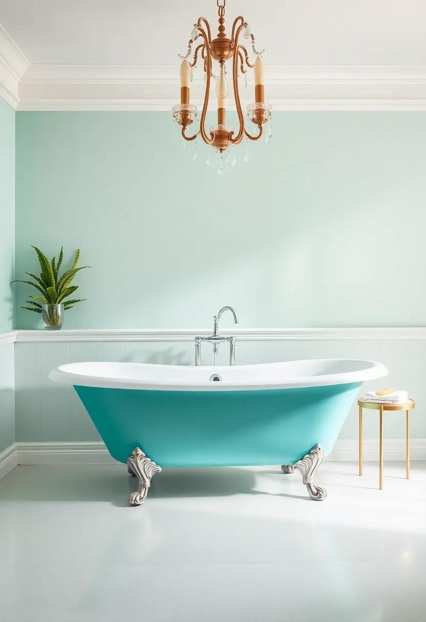 Experience vintage glamour with a turquoise clawfoot tub under an antique chandelier, highlighting the intricacies of vintage ⁢design ​in contemporary spaces