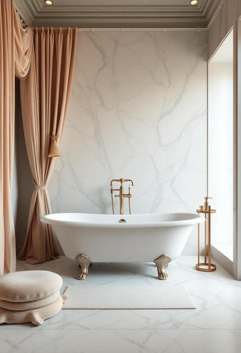 A⁤ luxurious haven is created with⁢ plush fabrics and a marble ⁤backdrop that elevates the vintage ‍clawfoot tub to new heights of opulence