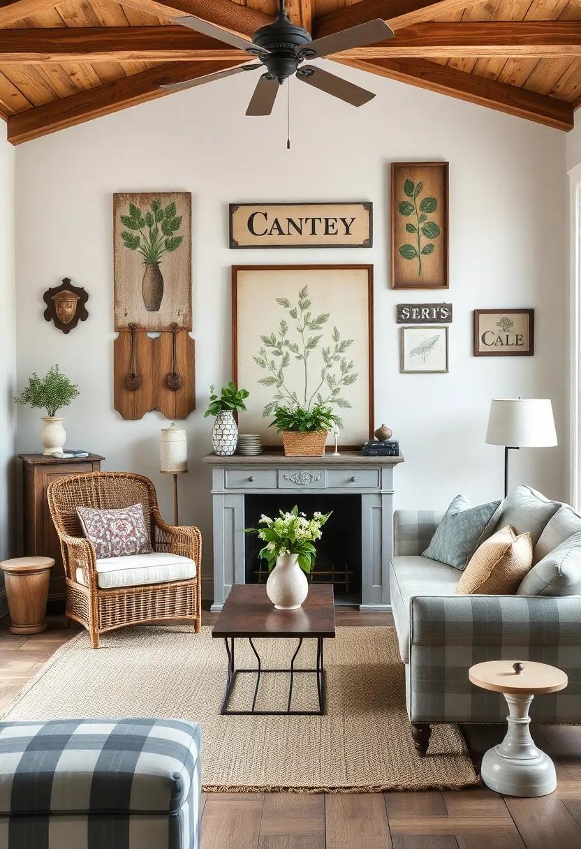 Country-Inspired Wall Decor: ​Introduce wall decor that reflects country charm, such as vintage signs or botanical prints that harmonize with your living room’s theme