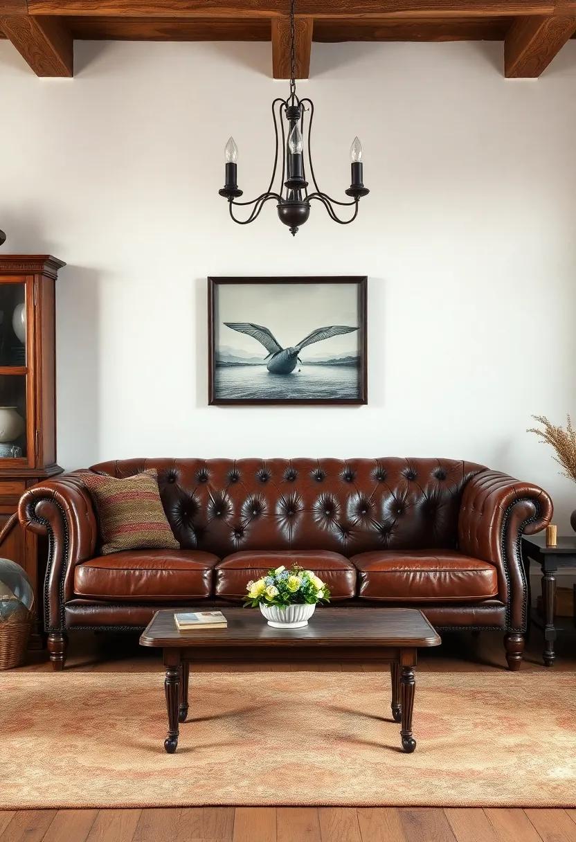 Worn⁣ Leather Sofa: A luxurious yet ‍lived-in leather sofa brings both⁢ comfort and sophistication to the‍ room, balancing the antique elements beautifully