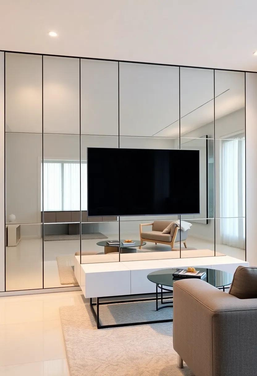 Sophisticated ⁣Living room Aesthetics Featuring a ⁢Mirrored TV Wall