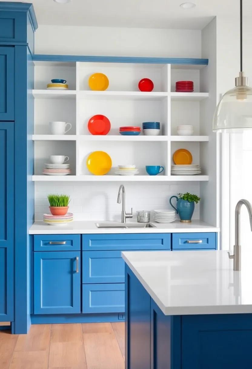 Bold Accents: Select deep blue ‍cabinetry with white open shelving‍ showcasing colorful dishware for an eclectic touch ​that ⁢adds personality