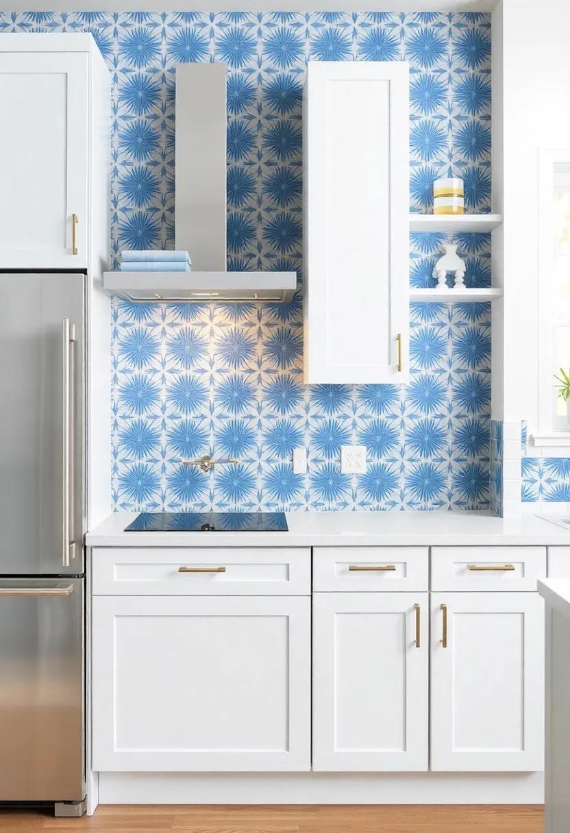 Geometric⁣ Patterns: ⁣Use wallpaper with geometric blue and⁢ white patterns‍ to accent ‍a⁢ wall, ⁣enhancing the cabinetry without ⁣overwhelming the design