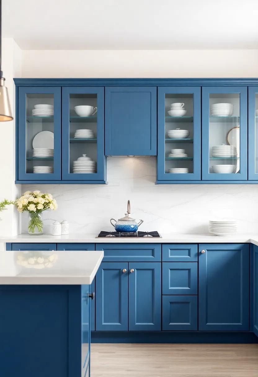 Glass Front Cabinets: ‍Opt for blue painted‍ cabinets with glass fronts to showcase beautiful dishware ⁢while enhancing the openness of the kitchen