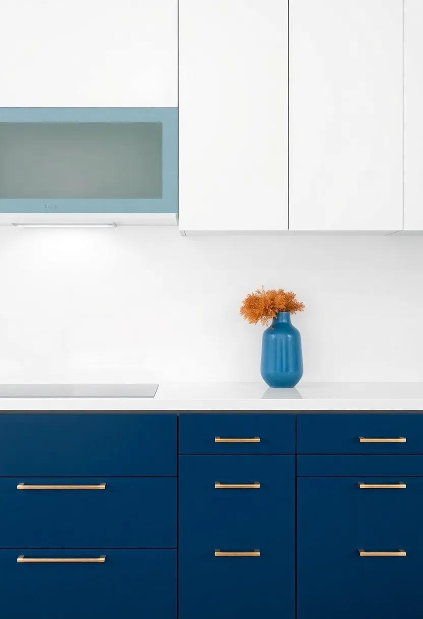 Glossy Finishes:⁣ Utilize high-gloss white cabinets with‌ matte navy blue drawers to mix textures and create an eye-catching visual⁢ dynamic