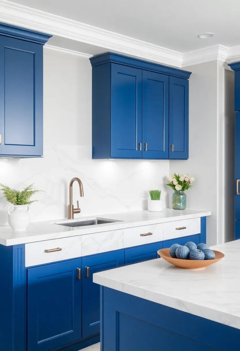 Luxurious Marble Touch:⁣ install white marble countertops over blue‌ cabinets,‍ marrying luxury with practicality while adding an elegant touch