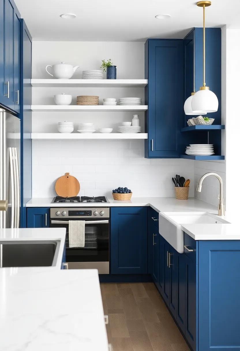 Open Shelving Options: Balance dark blue⁣ lower cabinets⁢ with ⁣open white shelving above, creating‌ a welcoming⁣ area ⁢to display ‍your favorite kitchen accessories