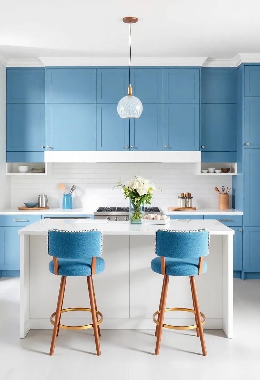 Refined Seating Options: ⁢Include ⁤blue upholstered bar stools‌ around⁤ a‌ white island,marrying comfort and style in your culinary‌ space