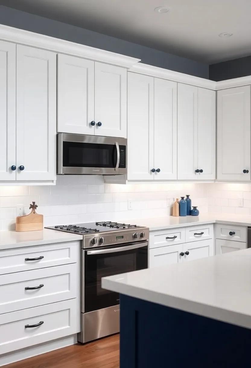 Timeless Monochrome: Combine ⁣white cabinets ‍with navy blue knobs‍ and pulls for a simple yet sophisticated⁣ way to introduce color⁤ without overwhelming the palette