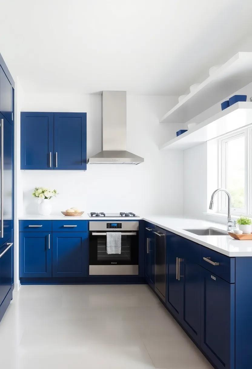 Two-Toned​ Elegance: Experiment ‌with a ⁢two-tone design ​by pairing deep blue lower cabinets with​ white upper shelving, creating a striking⁤ visual contrast