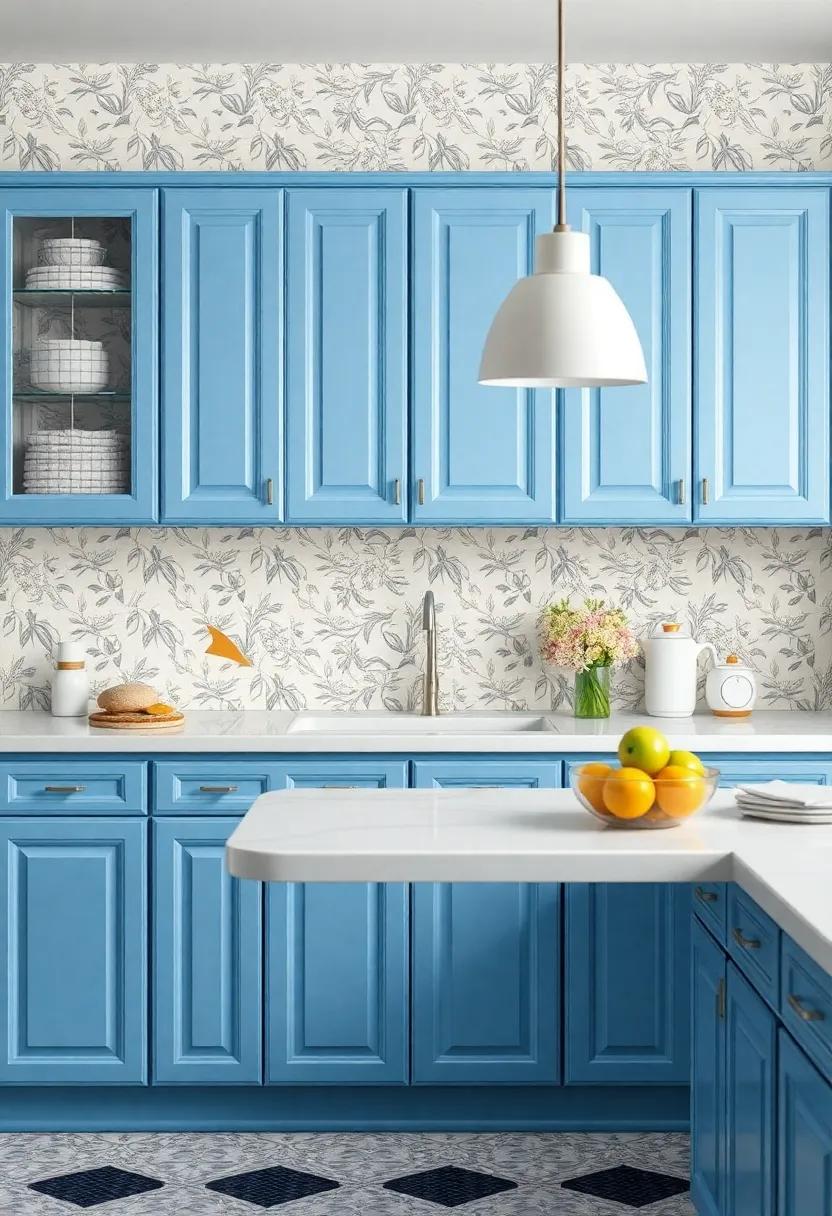 Vintage Flair: Incorporate retro blue‌ cabinets and white floral wallpaper to evoke a nostalgic, vintage feel while maintaining functionality