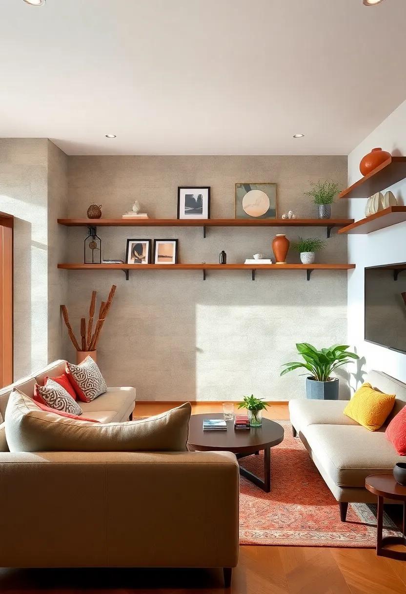 24 Inspiring Small Living Rooms Featuring Stylish Floating Shelves for Space Optimization