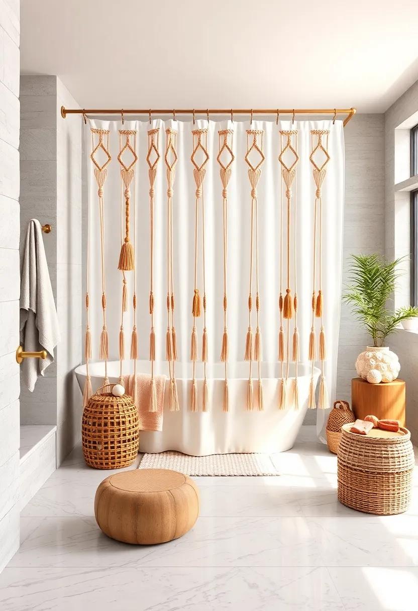Boho dream: Embrace the free-spirited vibe with a whimsical shower curtain adorned with macramé details and earthy tones