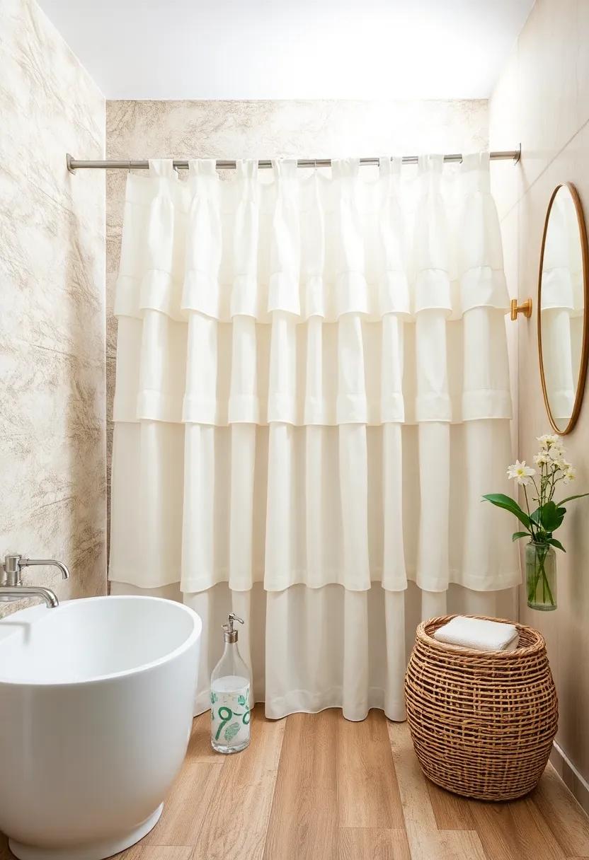 Chic Ruffles: ⁣Add texture and a touch of femininity with a ruffled shower curtain that infuses your space with playful elegance