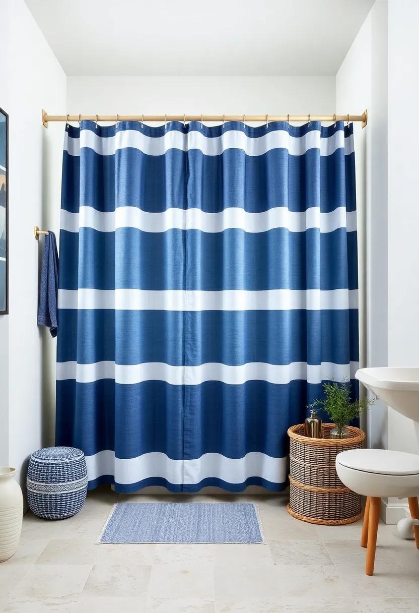coastal Escape: Embrace the charm of seaside living with a ‌navy-blue and white striped shower curtain set that brings the beach vibes home
