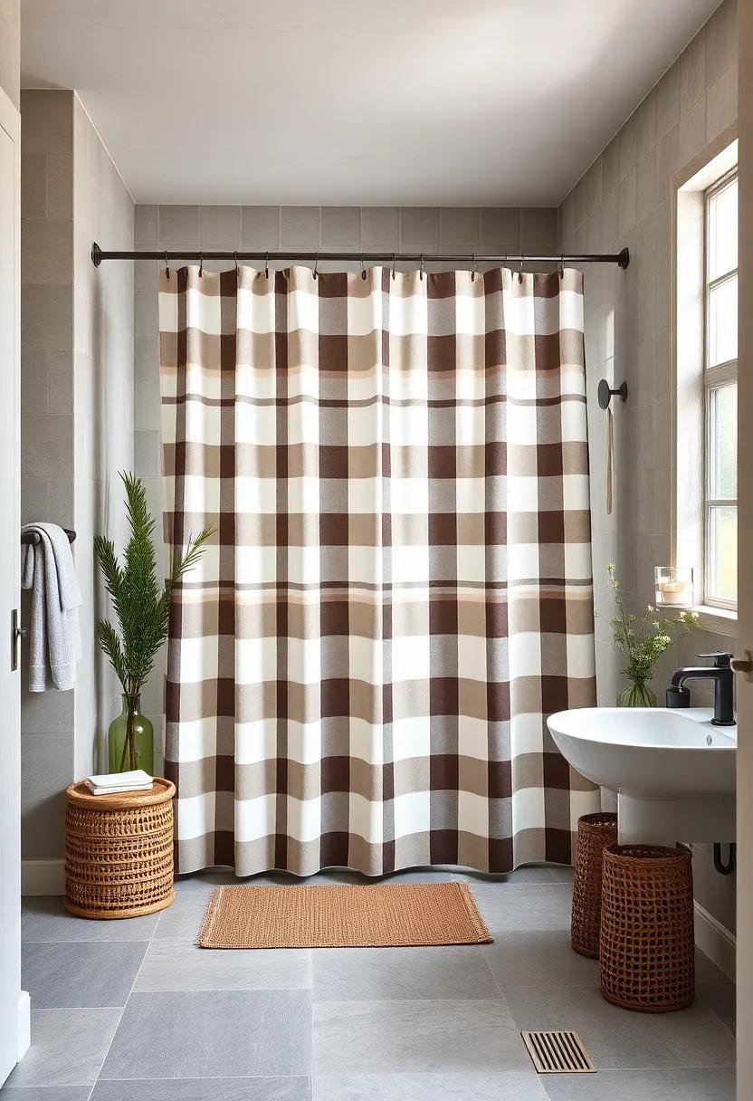 Farmhouse Chic: Capture rustic charm with a plaid shower curtain set, perfect for bringing a cozy, inviting atmosphere to your‍ bathroom