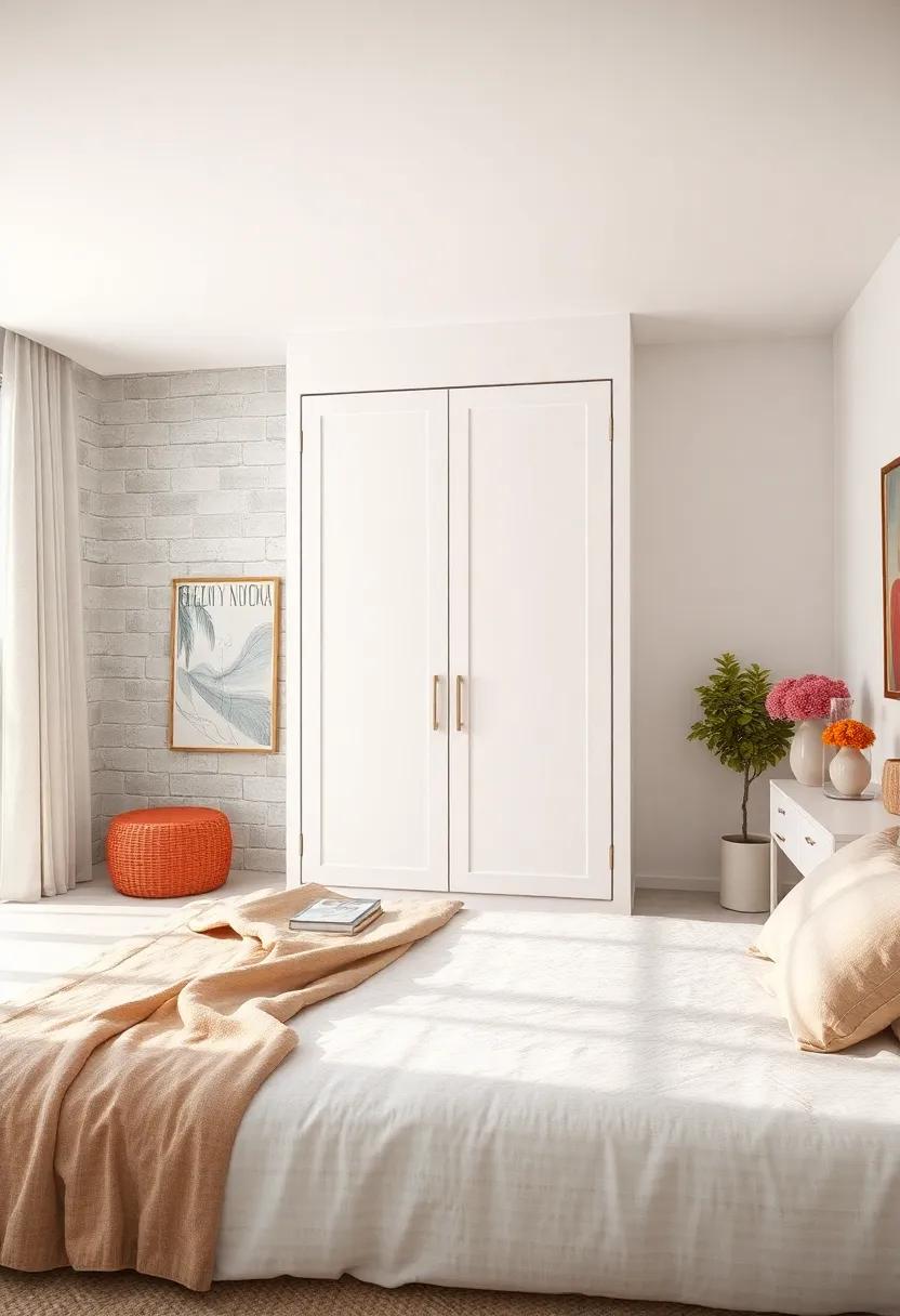 Sleek Minimalism: Discover a hinged door wardrobe that embodies the essence of minimalist design, featuring a clean white finish and subtle metal accents that enhance your bedroom’s tranquility