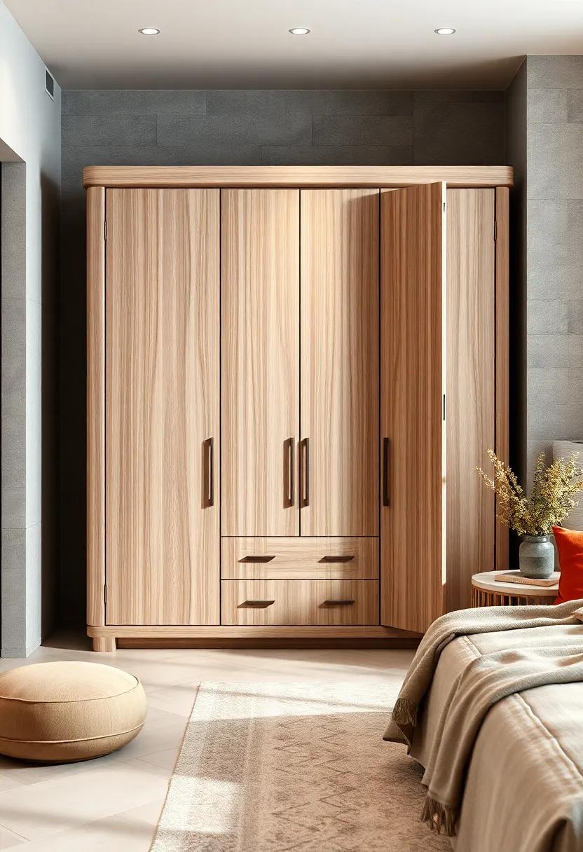 Scandinavian Simplicity: Opt for a wardrobe with a light wood finish and smooth, rounded edges designed to maximize storage while maintaining an airy, relaxed feel in your bedroom