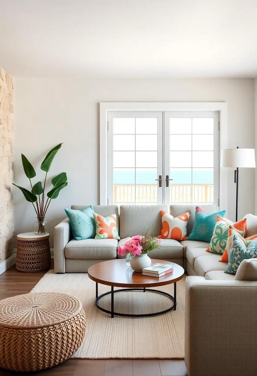Coastal Colorful Throw Pillows: Use colorful throw pillows with ​beach patterns to add pops⁣ of fun and comfort to your​ seating area