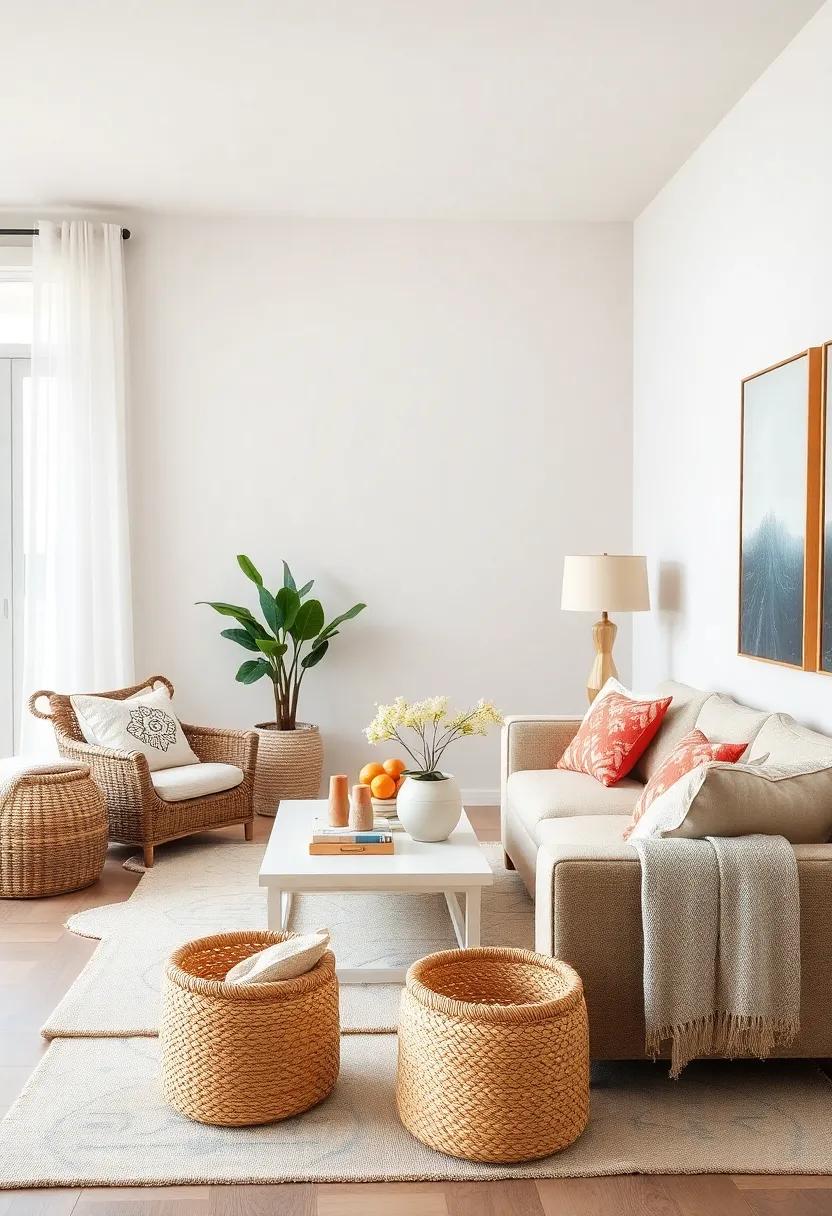 Woven Baskets and Storage: Embrace woven baskets for both style and functionality, adding a relaxed coastal vibe while keeping the space tidy