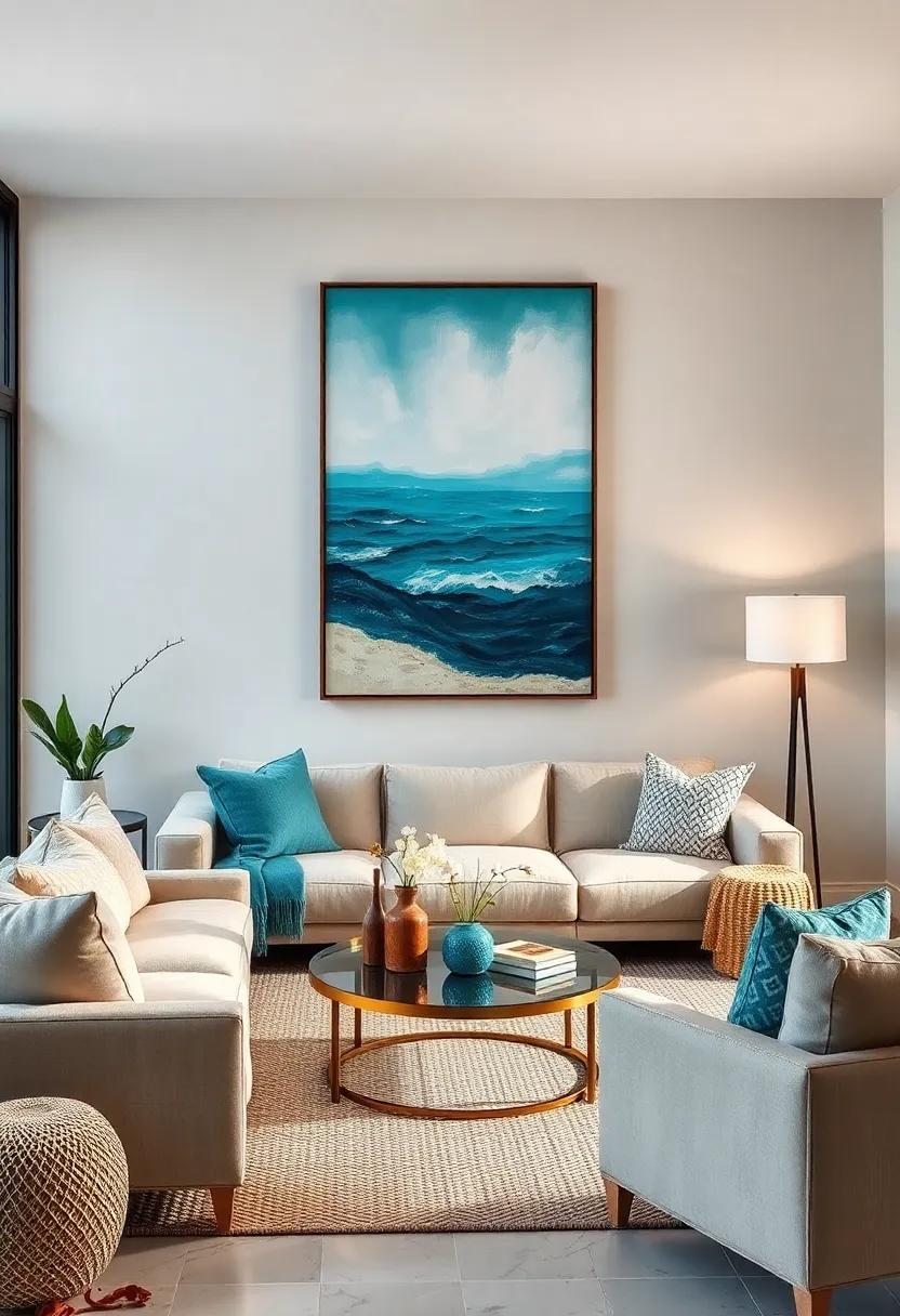 Marine Colors in Artwork: Select art with hues inspired by sea life—teal, aqua, and sandy beige—to seamlessly integrate the beachy aesthetic