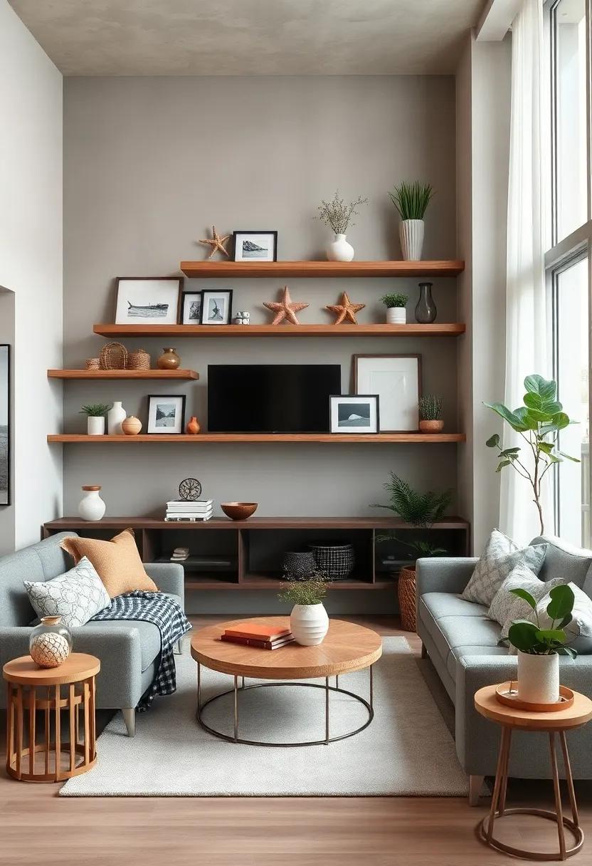 Floating Shelves with Coastal Decor: Install floating shelves ‍adorned with beach treasures, framed photos, and plants to maximize vertical space