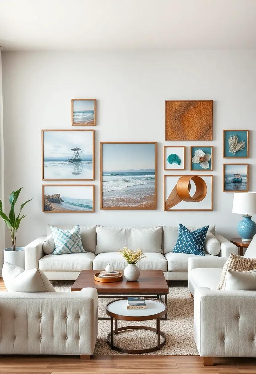Gallery Wall with a Coastal Flux: ⁢Create ⁢a dynamic gallery wall filled with coastal-themed photos, paintings, and mirrors reflecting⁤ the beauty of ⁣the beach